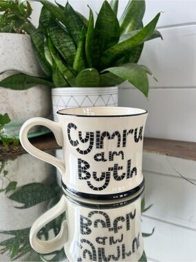 Moorland white ceramic mug, Welsh phrase "Cymru am Byth," (Wales Forever)